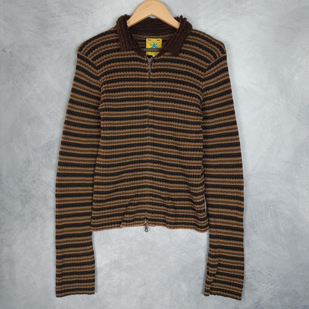 UNIF Sweater Cardigan Womens XL Brown Striped Collared Zip Stretch 90s Grunge